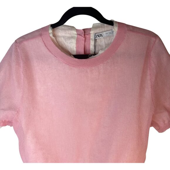 NWT ZARA Pink Medium Short Sleeve Linen Blend Dainty, Whimsical Top - Picture 5 of 16